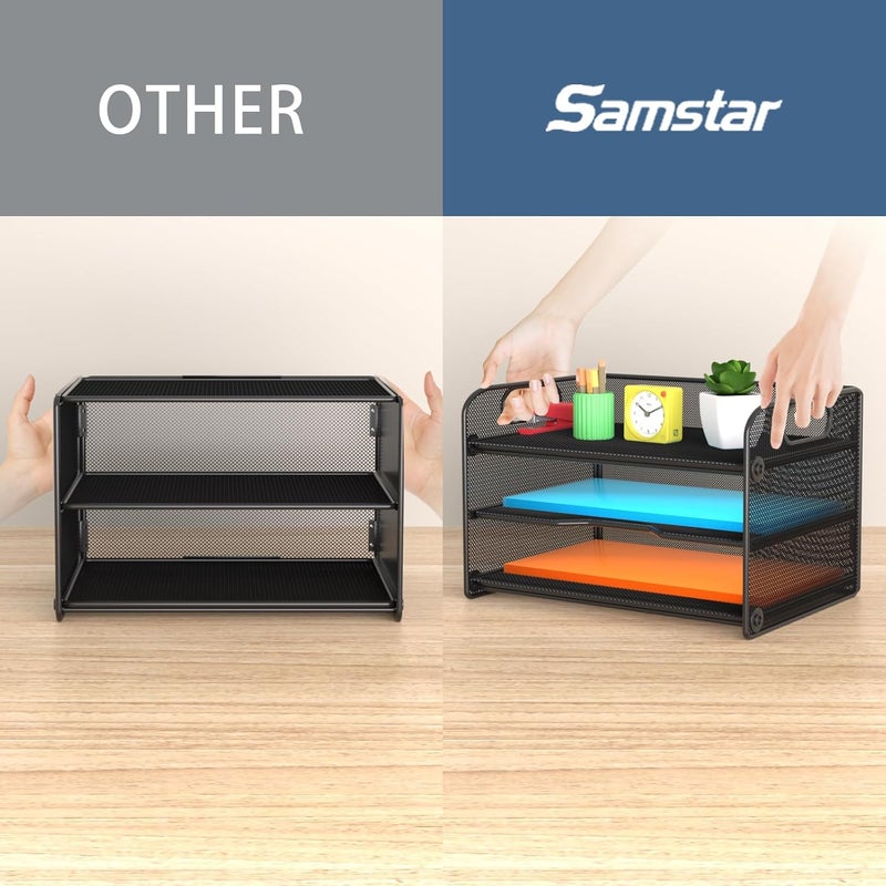Samstar 3 Tier Letter Tray Paper Organizer with Handle, Mesh Desk Organizer Paper Sorter File Rack Shelves, Black - Image 3